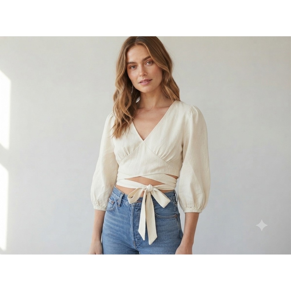 Grade And Gather Women's Beige M Tie Front Crop Top Keyhole Long Sleeve Blouse